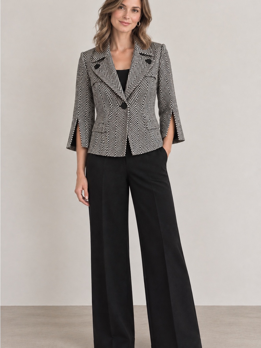 Nine West Suit Black Wide-Leg Trousers with Herringbone Blazer